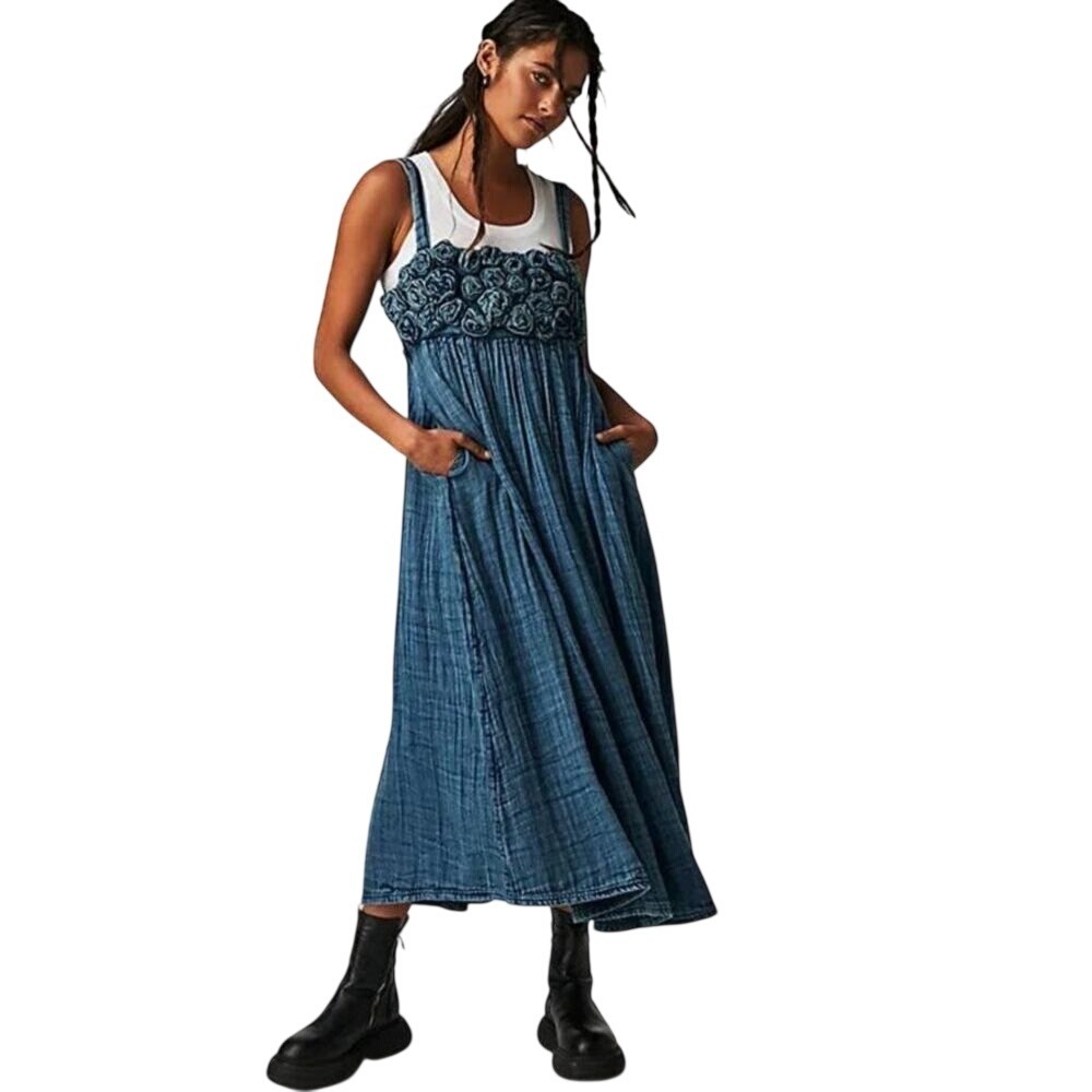 Free People Dolly Denim Midi Dress Rosette Blue - Size Medium‎